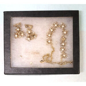 Flower & Faux Pearl Parure Gold Tone Hook 16" Necklace 1.75"L Clip On Earrings